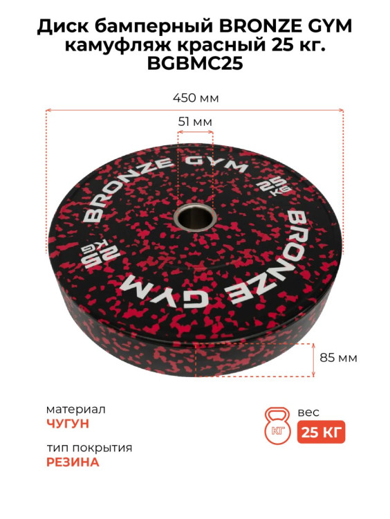 Диск бамперный BRONZE GYM камуфляж красный 25кг